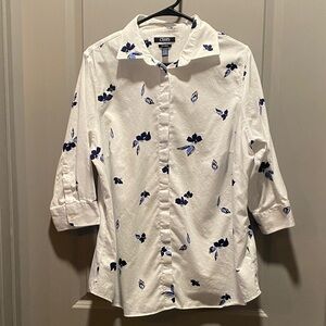 Chaps Women’s White & Blue Floral No-Iron Button-Down Blouse | Size 1X | 100% Co